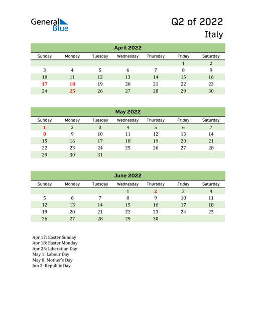  Quarterly Calendar 2022 with Italy Holidays 