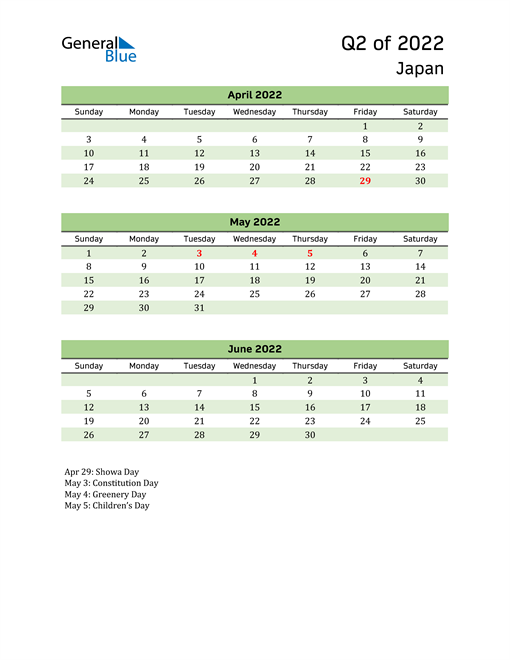  Quarterly Calendar 2022 with Japan Holidays 
