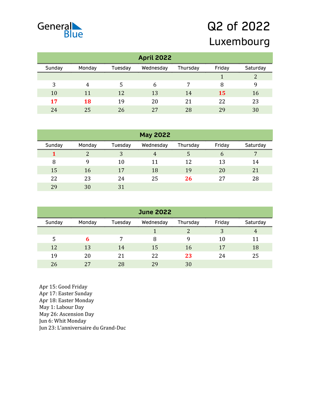  Quarterly Calendar 2022 with Luxembourg Holidays 