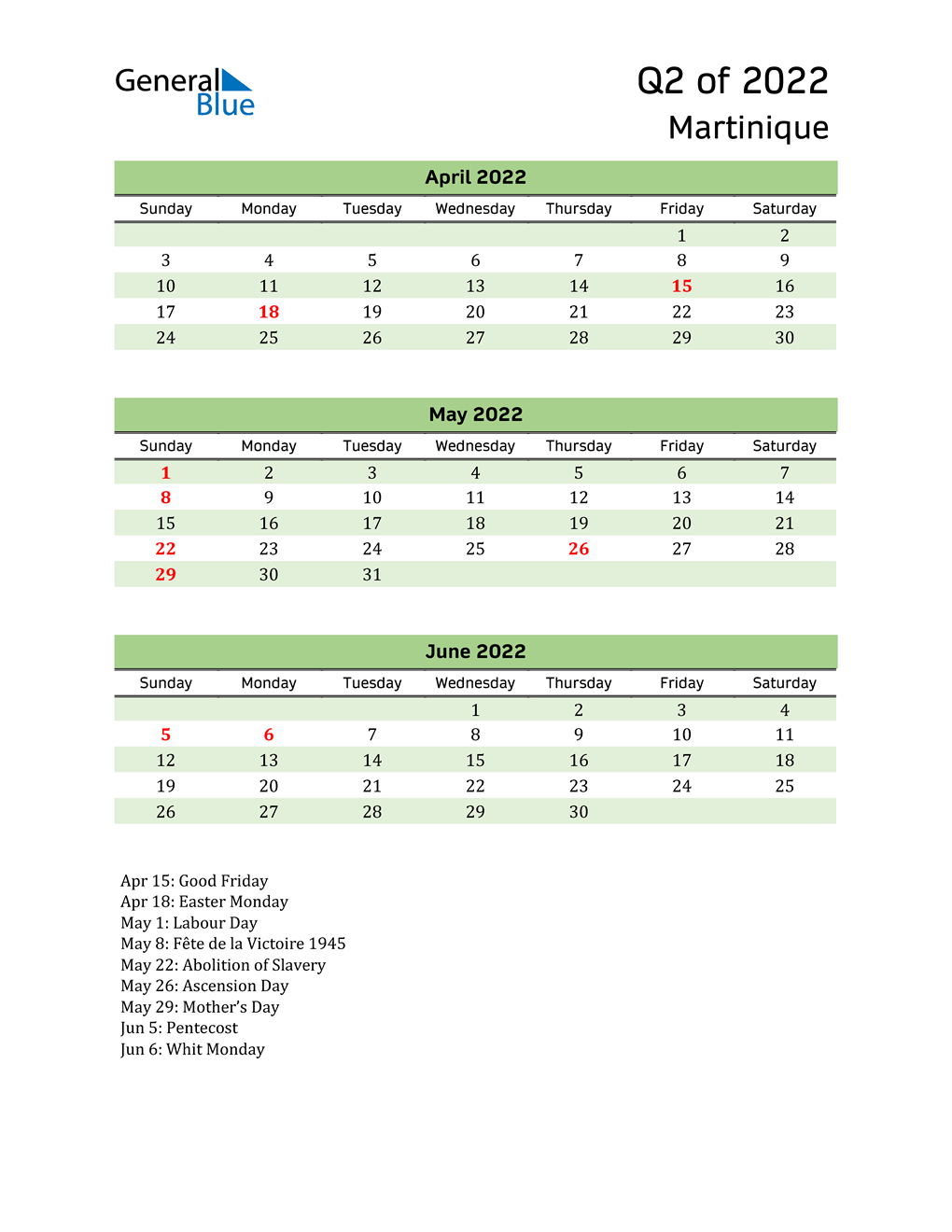  Quarterly Calendar 2022 with Martinique Holidays 