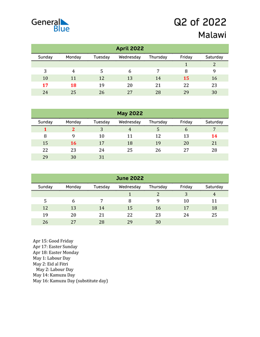  Quarterly Calendar 2022 with Malawi Holidays 