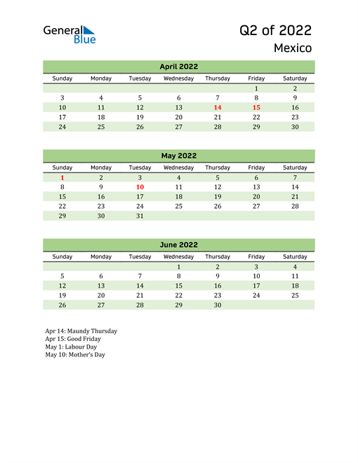  Quarterly Calendar 2022 with Mexico Holidays 