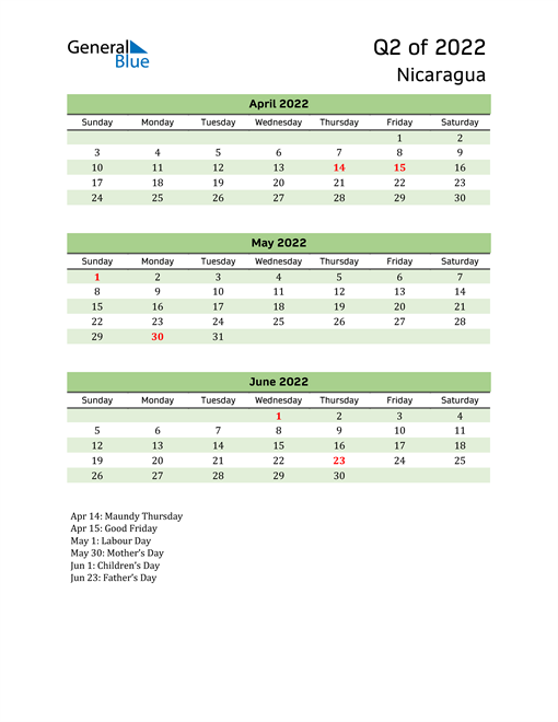  Quarterly Calendar 2022 with Nicaragua Holidays 