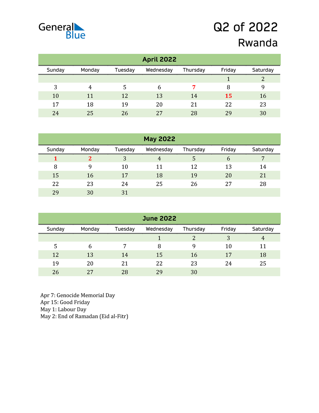  Quarterly Calendar 2022 with Rwanda Holidays 