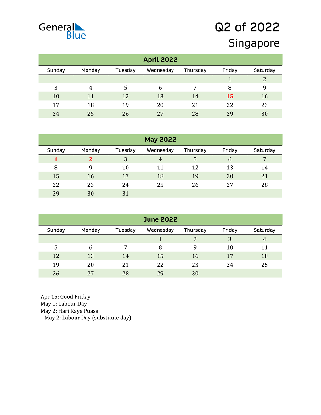  Quarterly Calendar 2022 with Singapore Holidays 