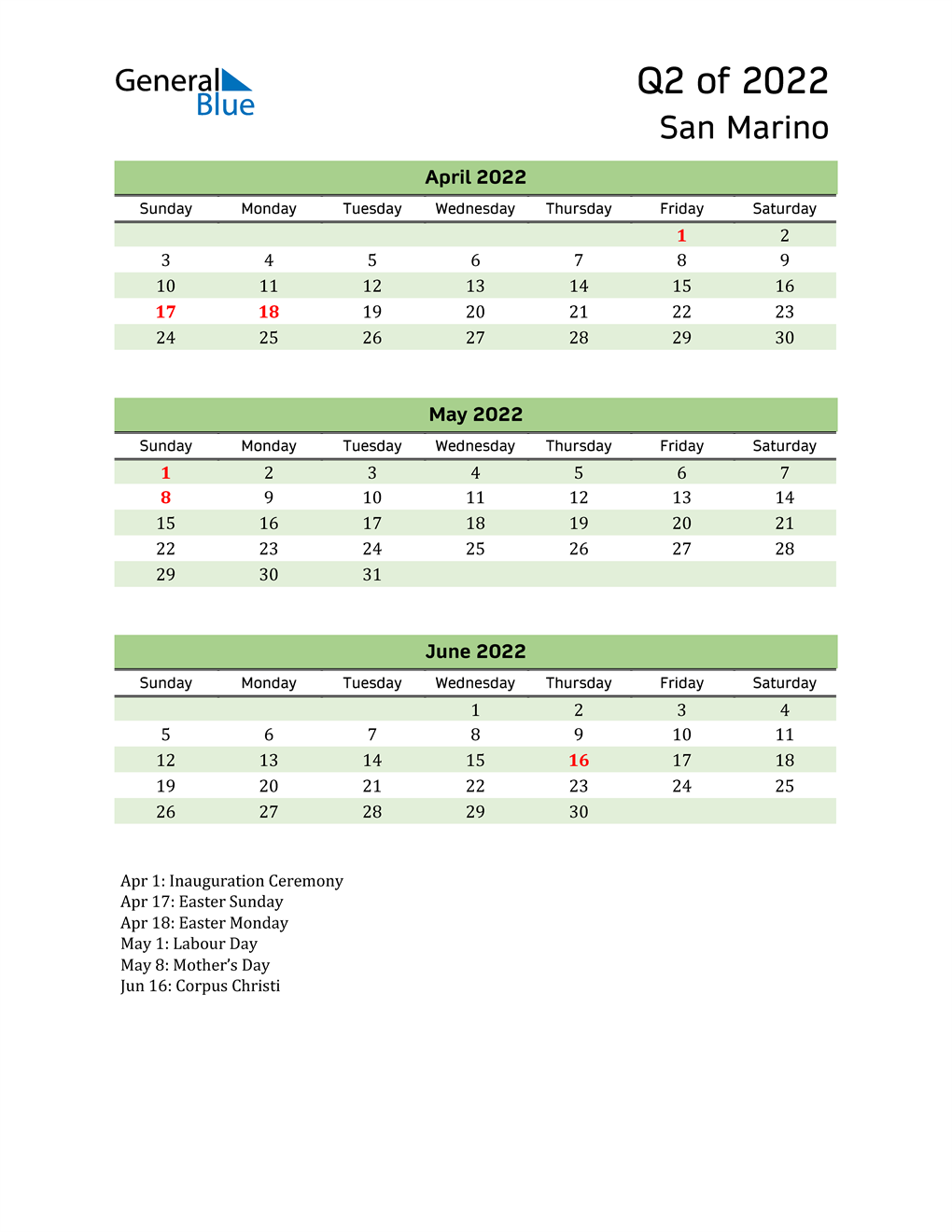  Quarterly Calendar 2022 with San Marino Holidays 