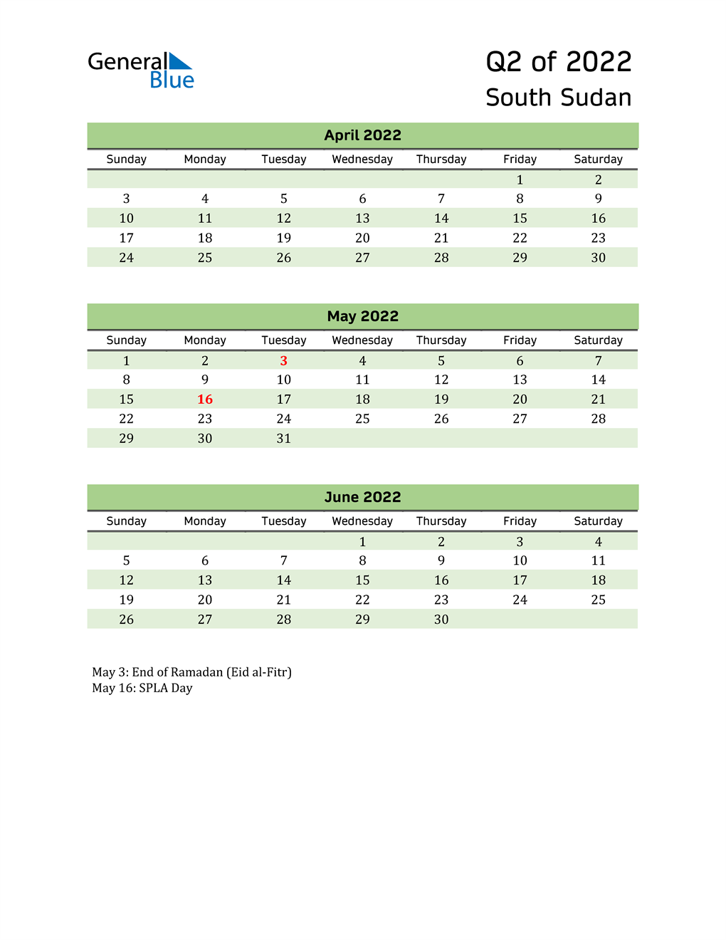 Quarterly Calendar 2022 with South Sudan Holidays 