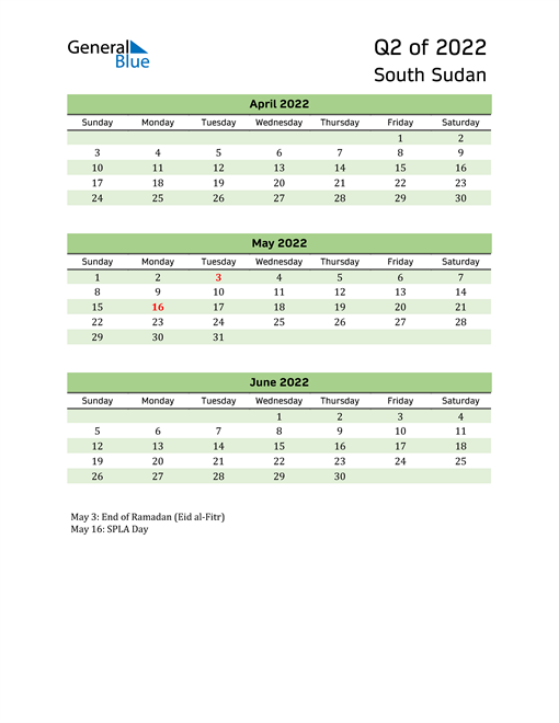  Quarterly Calendar 2022 with South Sudan Holidays 
