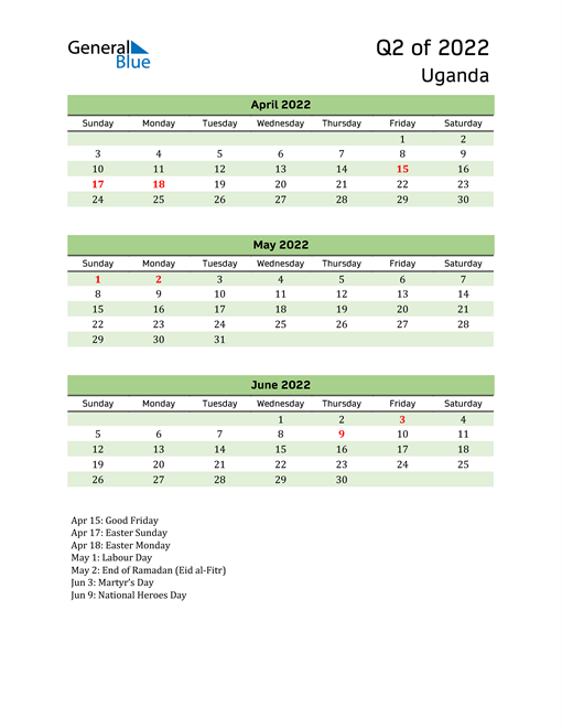  Quarterly Calendar 2022 with Uganda Holidays 