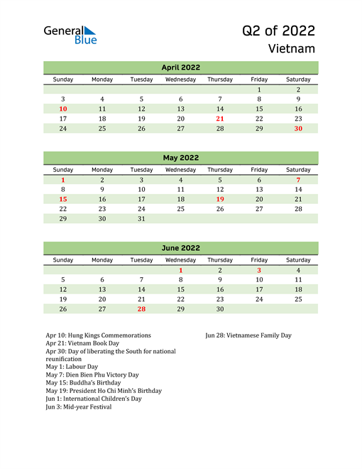  Quarterly Calendar 2022 with Vietnam Holidays 