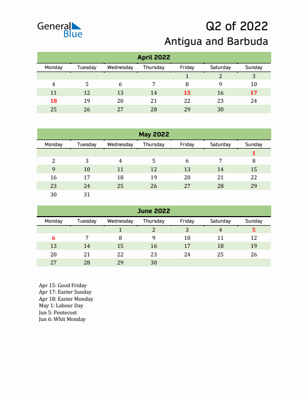 Quarterly Calendar 2022 with Antigua and Barbuda Holidays