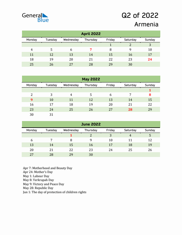Quarterly Calendar 2022 with Armenia Holidays
