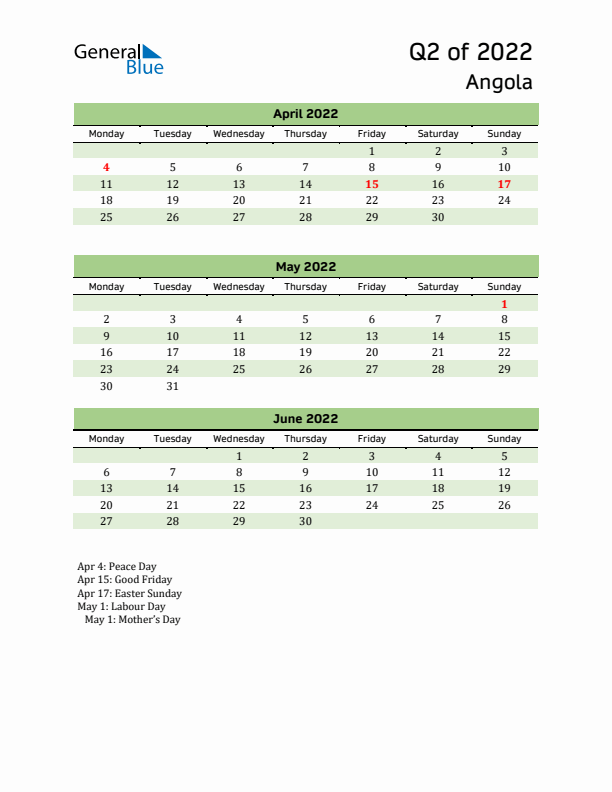 Quarterly Calendar 2022 with Angola Holidays