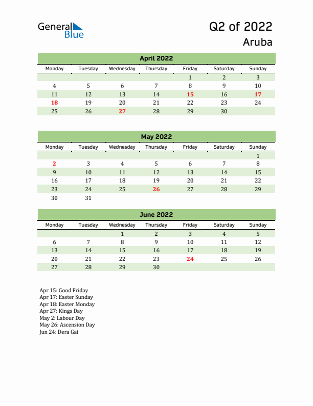 Quarterly Calendar 2022 with Aruba Holidays