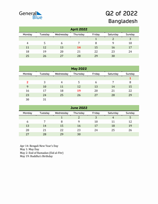 Quarterly Calendar 2022 with Bangladesh Holidays