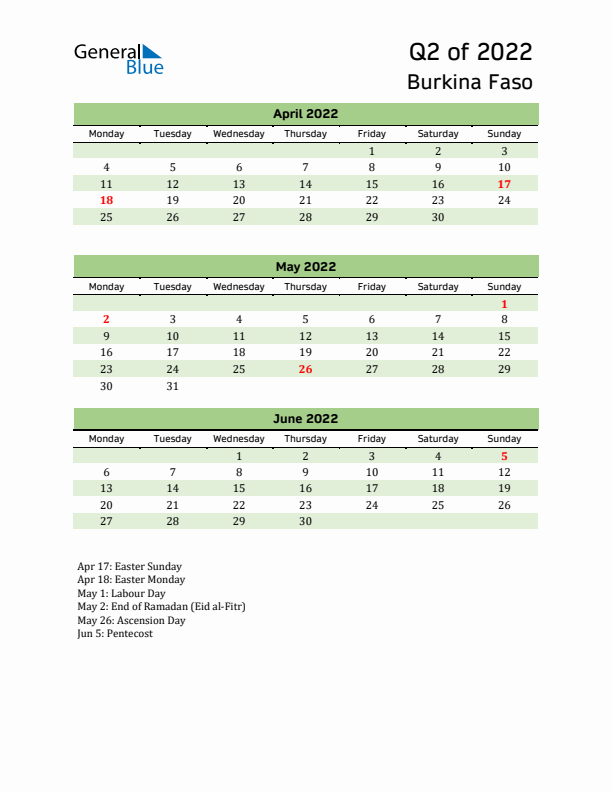 Quarterly Calendar 2022 with Burkina Faso Holidays