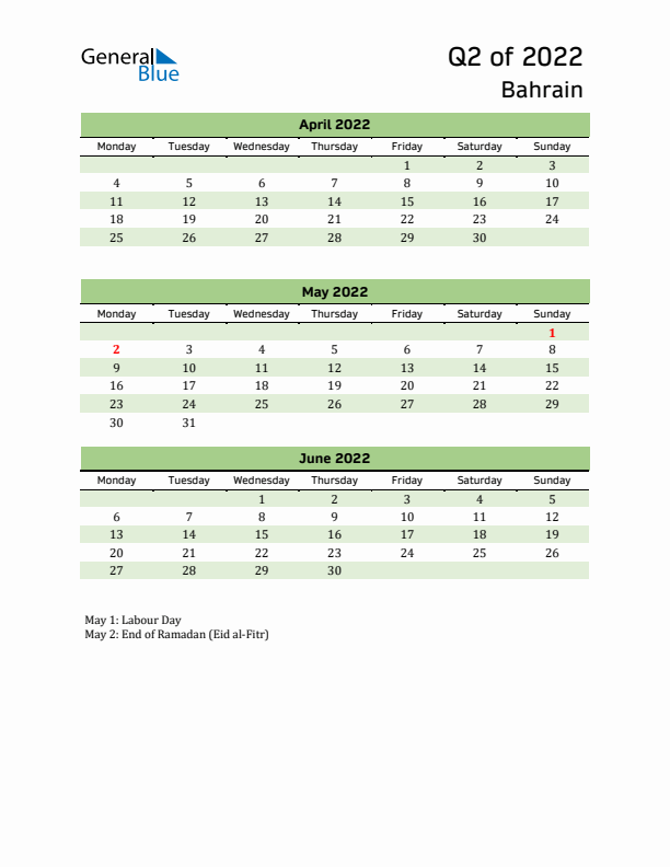 Quarterly Calendar 2022 with Bahrain Holidays