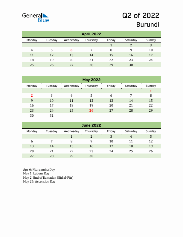 Quarterly Calendar 2022 with Burundi Holidays