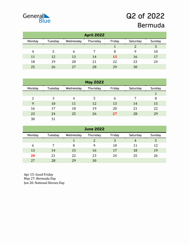 Quarterly Calendar 2022 with Bermuda Holidays