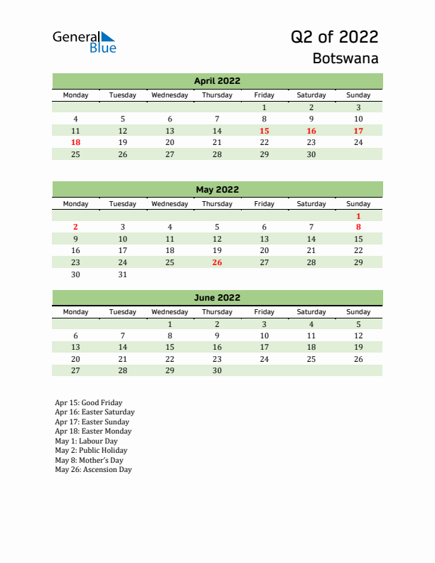 Quarterly Calendar 2022 with Botswana Holidays