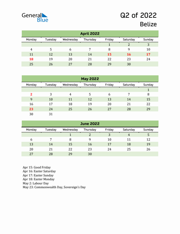 Quarterly Calendar 2022 with Belize Holidays