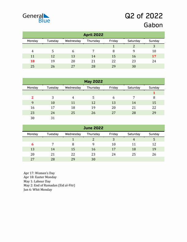 Quarterly Calendar 2022 with Gabon Holidays