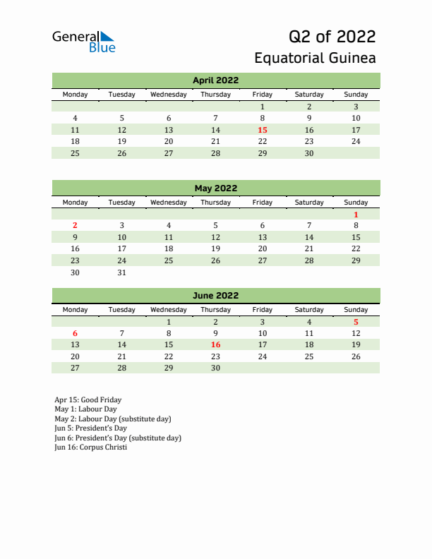 Quarterly Calendar 2022 with Equatorial Guinea Holidays