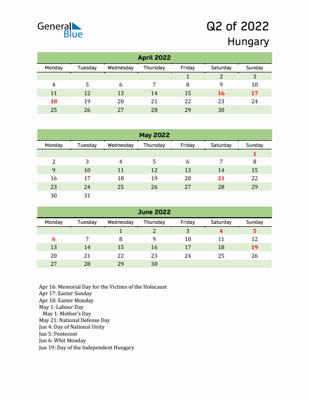 Quarterly Calendar 2022 with Hungary Holidays