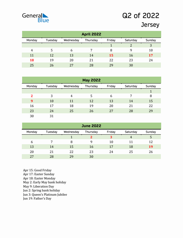 Quarterly Calendar 2022 with Jersey Holidays