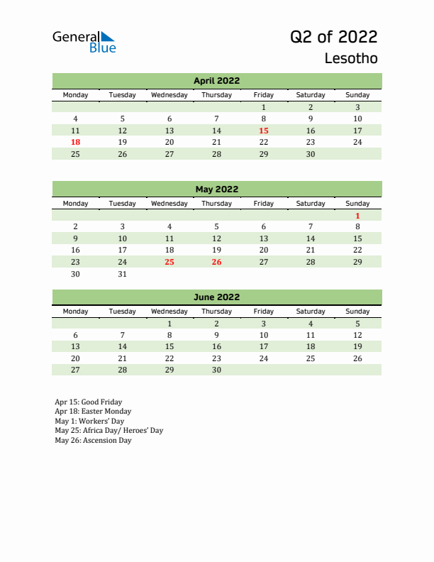 Quarterly Calendar 2022 with Lesotho Holidays