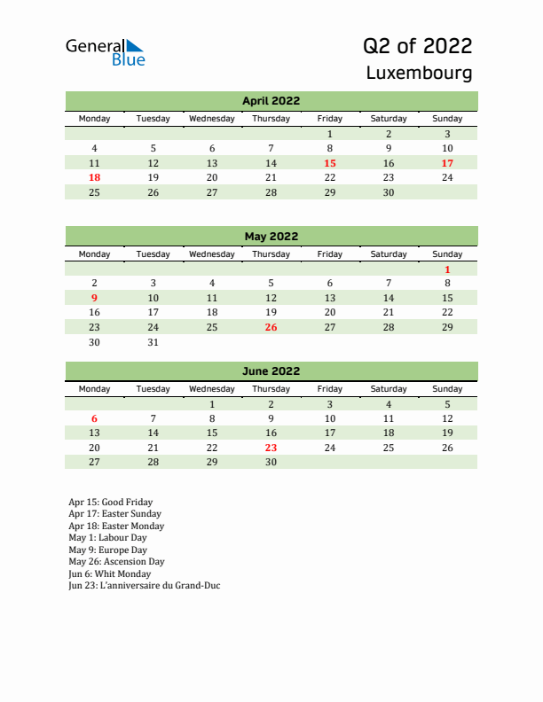 Quarterly Calendar 2022 with Luxembourg Holidays