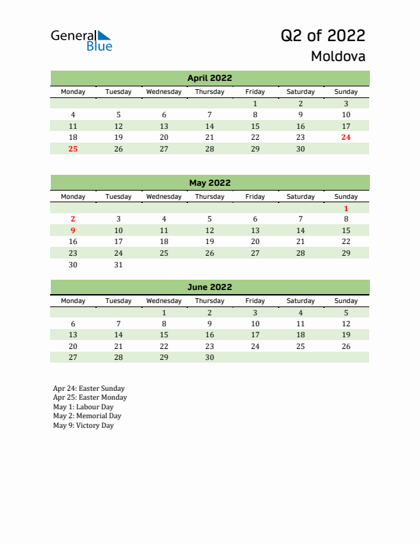 Quarterly Calendar 2022 with Moldova Holidays