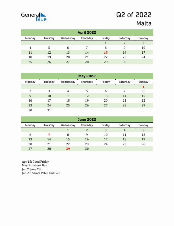Quarterly Calendar 2022 with Malta Holidays
