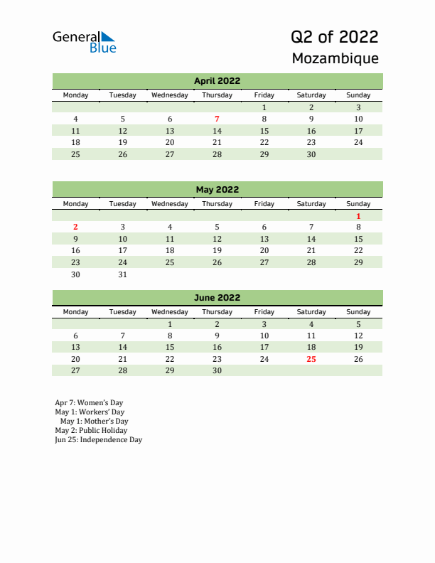 Quarterly Calendar 2022 with Mozambique Holidays
