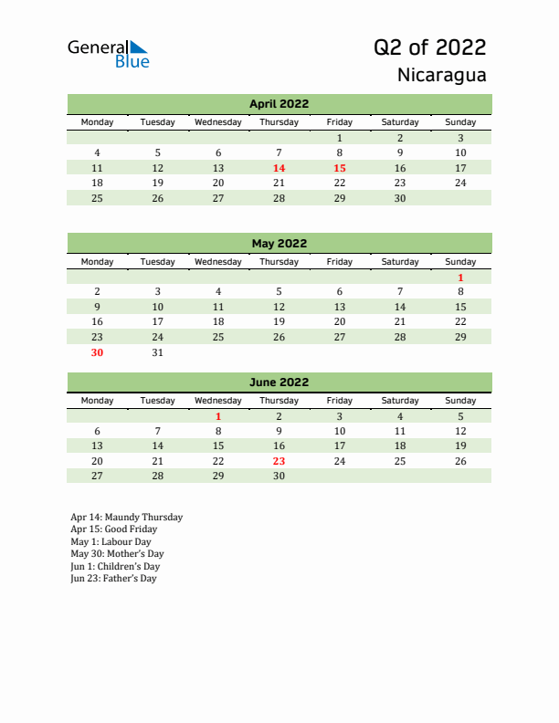 Quarterly Calendar 2022 with Nicaragua Holidays
