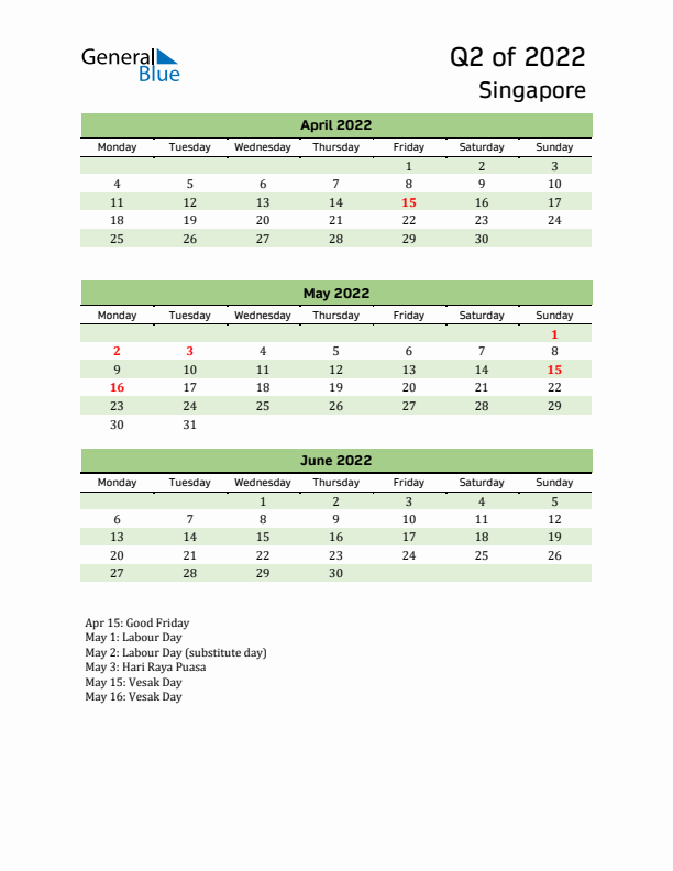 Quarterly Calendar 2022 with Singapore Holidays