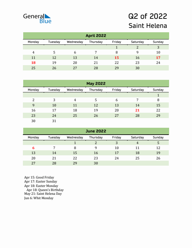 Quarterly Calendar 2022 with Saint Helena Holidays