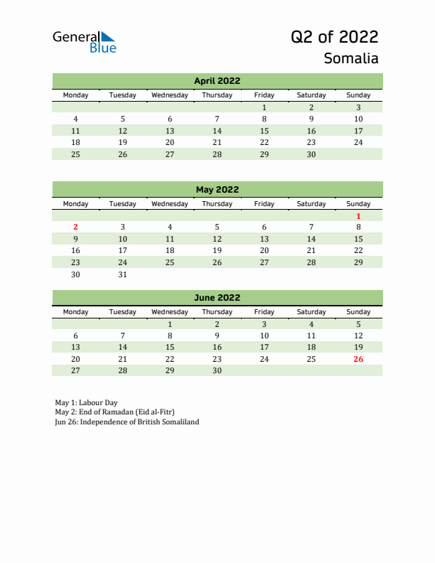 Quarterly Calendar 2022 with Somalia Holidays