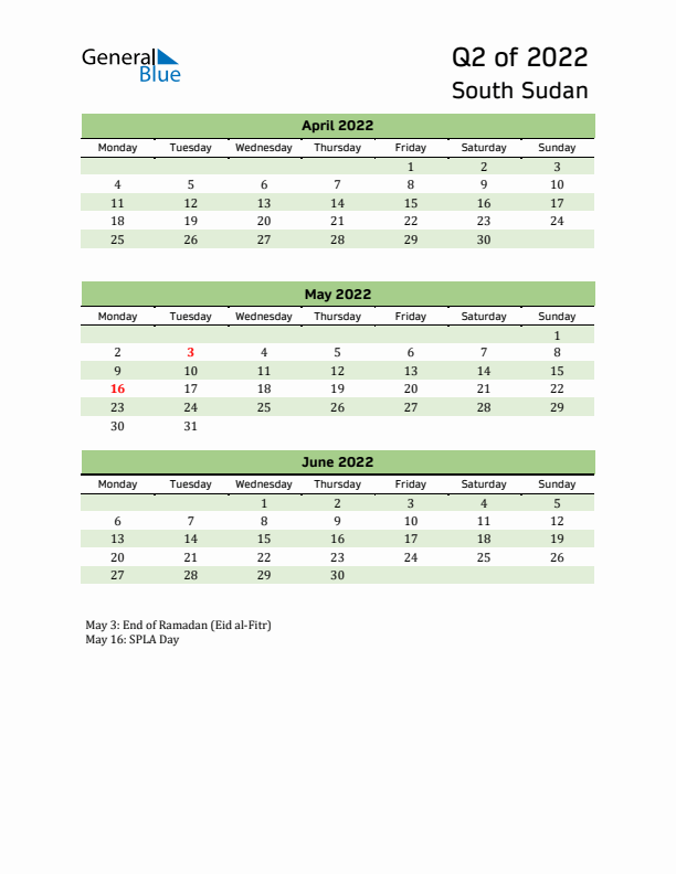 Quarterly Calendar 2022 with South Sudan Holidays
