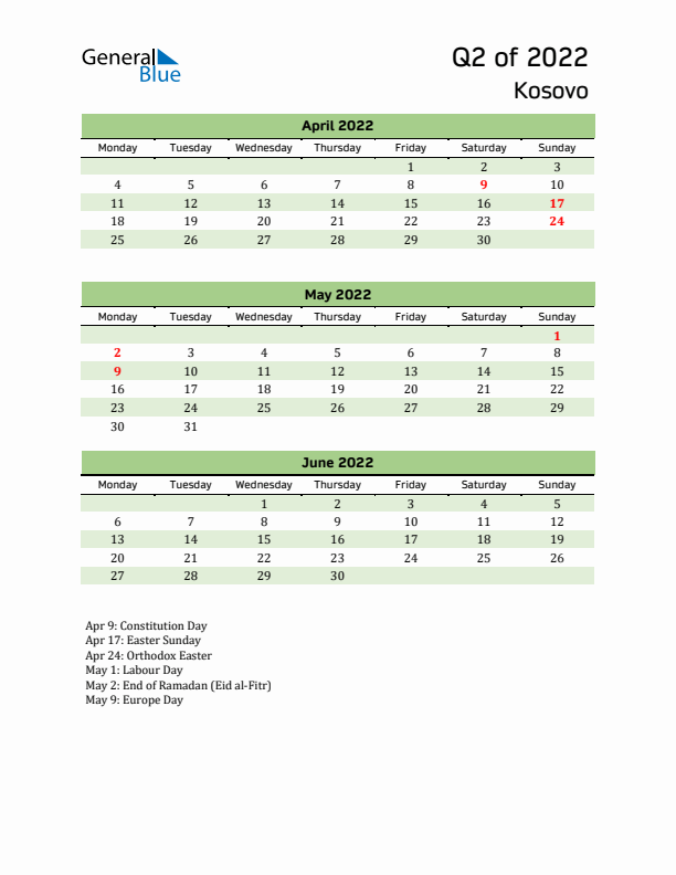 Quarterly Calendar 2022 with Kosovo Holidays