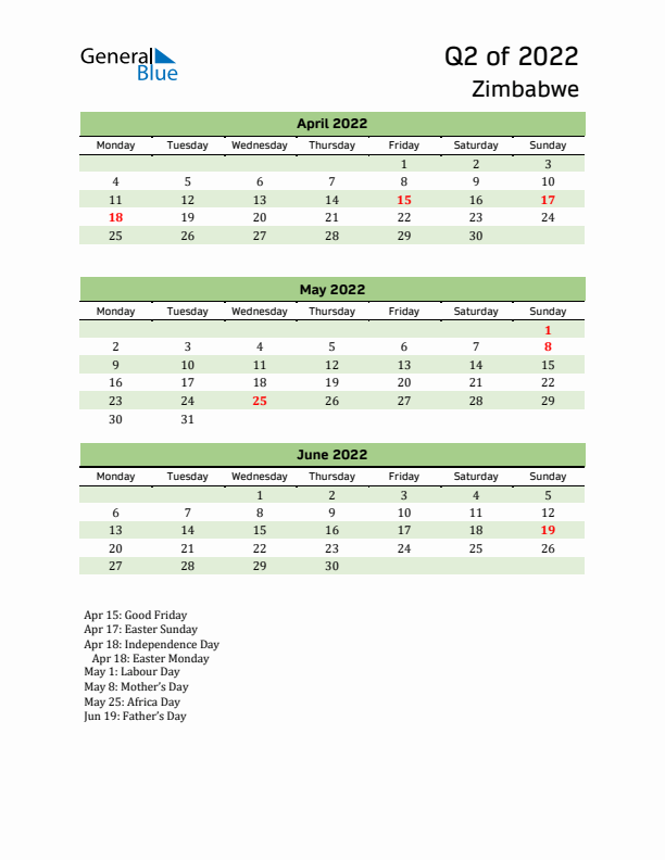 Quarterly Calendar 2022 with Zimbabwe Holidays