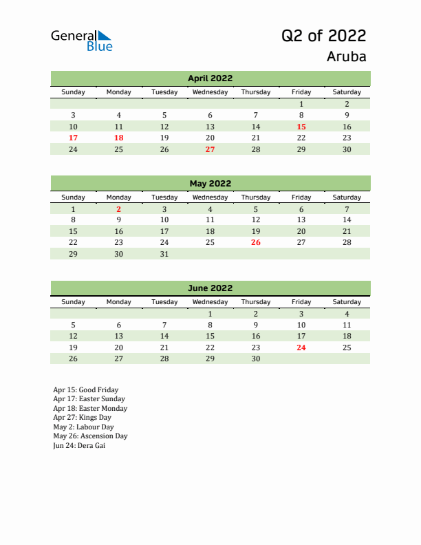 Quarterly Calendar 2022 with Aruba Holidays