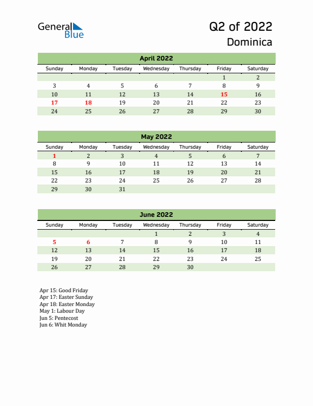 Quarterly Calendar 2022 with Dominica Holidays