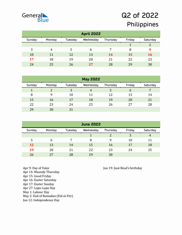 Quarterly Calendar 2022 with Philippines Holidays