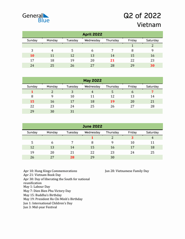 Quarterly Calendar 2022 with Vietnam Holidays