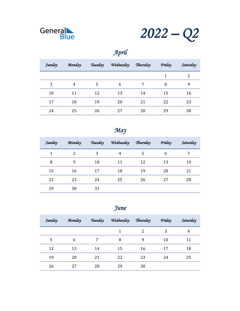 2022 Q2 Three Month Quarterly Calendar