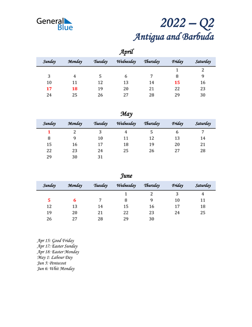  April, May, and June Calendar for Antigua and Barbuda