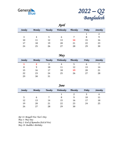  April, May, and June Calendar for Bangladesh