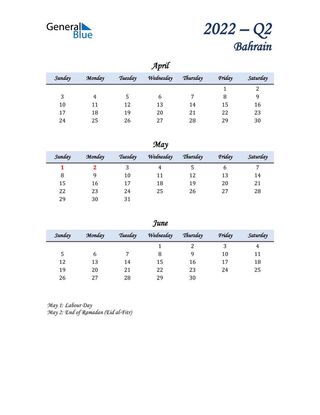  April, May, and June Calendar for Bahrain