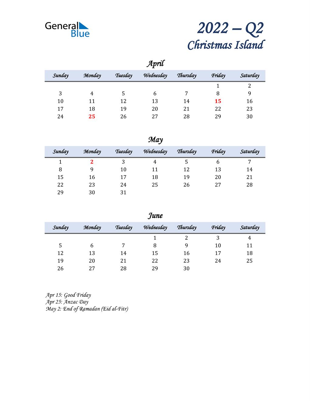  April, May, and June Calendar for Christmas Island